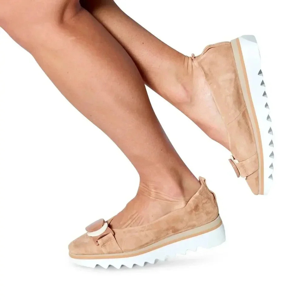 Suede Bow Platform Loafers - Nude